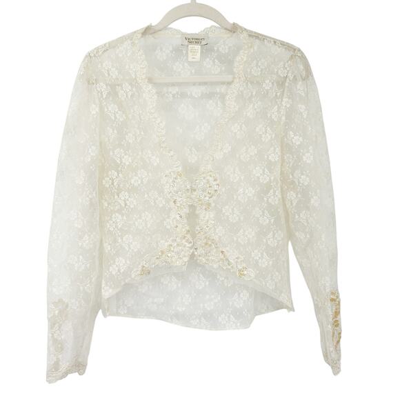 Victorias Secret VS VTG Gold Label Fairycore Sequin Floral Lace Top Size S Cream - Picture 1 of 6